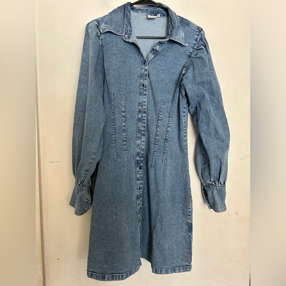 ICHI Denim Long Sleeve Corset Waist Dress, Midi, Size 38 (US Small) Button Up